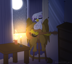 Size: 1200x1065 | Tagged: safe, artist:pearl123_art, imported from derpibooru, gilda, griffon, fanfic:the lost element, candle, cup, cute, dresser, eyes closed, fanfic art, female, fire, full moon, gildadorable, guitar, happy, mirror, moon, musical instrument, night, playing guitar, singing, sitting, sitting on, smiling, solo, stars, steam, stool, table