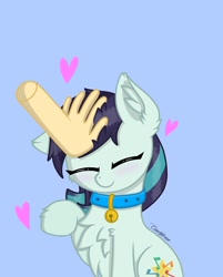 Size: 1440x1787 | Tagged: safe, artist:coarfdraw, imported from derpibooru, coloratura, earth pony, pony, behaving like a cat, bell, bell collar, cat bell, chest fluff, collar, cute, cutie mark, disembodied hand, ear fluff, eyes closed, hand, head pat, heart, hoof fluff, pat, petting, pony pet, rarabetes, simple background, solo