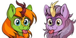 Size: 1024x512 | Tagged: safe, artist:pony straponi, artist:st. oni, imported from derpibooru, oc, oc only, oc:arc pyre, oc:nebula eclipse, kirin, :p, commission, emotes, kirin oc, simple background, tongue out, transparent background