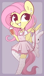 Size: 961x1631 | Tagged: safe, artist:sakukitty, imported from derpibooru, fluttershy, anthro, pegasus, rabbit, unguligrade anthro, animal, bag, choker, clothes, coffee cup, cup, cute, dress, drink, ear piercing, female, food, frappuccino, piercing, shyabetes, smiling, socks, solo, straw, whipped cream