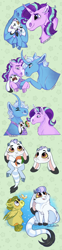 Size: 1500x6023 | Tagged: safe, artist:owlcoholik, imported from derpibooru, starlight glimmer, trixie, oc, oc:broccoli sprout, oc:white rabbit, butterfly, hybrid, baby, baby carrier, biting, blaze (coat marking), coat markings, crying, curved horn, facial markings, family, female, filly, hoers, horn, interspecies offspring, lesbian, offspring, one eye closed, parent:bulk biceps, parent:discord, parent:tree hugger, parent:trixie, parents:bulkhugger, parents:trixcord, shipping, startrix, swaddled baby, swaddling, tail bite, tears of joy, uvula, volumetric mouth