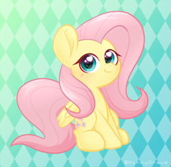 Size: 2480x2425 | Tagged: safe, artist:ninnydraws, imported from derpibooru, fluttershy, pegasus, pony, abstract background, chibi, cute, female, heart eyes, high res, looking at you, mare, shyabetes, sitting, small, solo, tiny, wingding eyes