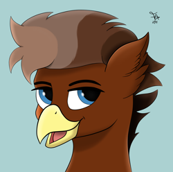 Size: 2320x2304 | Tagged: safe, artist:thunder arch, imported from derpibooru, oc, oc only, oc:grimvale, griffon, bust, griffon oc, high res, male, multicolored hair, open mouth, portrait, simple background, smiling