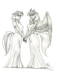 Size: 1000x1307 | Tagged: safe, artist:baron engel, imported from derpibooru, oc, oc only, oc:feather, oc:nicole, anthro, pegasus, unicorn, breasts, cleavage, clothes, dress, female, grayscale, holding hands, horn, lesbian, looking at each other, marriage, monochrome, oc x oc, pencil drawing, shipping, simple background, traditional art, wedding, wedding dress, white background, wings