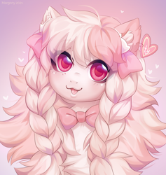 Size: 1138x1200 | Tagged: safe, artist:margony, imported from derpibooru, oc, oc only, pony, bow, bowtie, braid, braided pigtails, cute, ear fluff, eye clipping through hair, eyebrows, eyebrows visible through hair, female, floppy ears, fluffy, gradient background, heart, mare, open mouth, solo