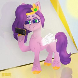 Size: 1000x1000 | Tagged: safe, artist:tierwidy, imported from derpibooru, pipp petals, pegasus, pony, adorapipp, colored, cute, female, g5, light skin, mare, next generation, phone, smiling, solo, standing