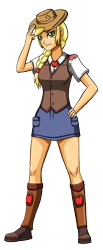 Size: 1240x3000 | Tagged: safe, artist:artemis-polara, imported from derpibooru, applejack, equestria girls, alternate hairstyle, boots, clothes, cowboy boots, cowboy hat, cowgirl, freckles, hat, shirt, shoes, simple background, skirt, smiling, solo, stetson, transparent background, vest