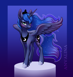 Size: 2636x2780 | Tagged: safe, artist:anvalina, imported from derpibooru, princess luna, alicorn, pony, bedroom eyes, blushing, female, high res, looking at you, mare, solo, spread wings, wings