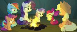 Size: 1376x580 | Tagged: safe, imported from derpibooru, screencap, apple bloom, applejack, rainbow dash, rarity, scootaloo, sweetie belle, earth pony, pegasus, pony, unicorn, campfire tales, season 7, bug bite, campfire, cropped, female, filly, fire, fly-der bite, mare, sitting