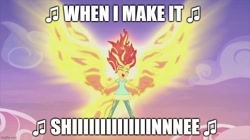 Size: 888x499 | Tagged: safe, artist:megalobronia, edit, edited screencap, imported from derpibooru, screencap, sunset shimmer, equestria girls, my past is not today, rainbow rocks, caption, female, fiery shimmer, fiery wings, fire hair, floating, image macro, imgflip, make it shine, mane of fire, meme, singing, solo, song reference, sunset phoenix, text, victoria justice, victorious, wings