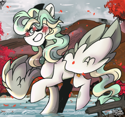 Size: 3000x2800 | Tagged: safe, artist:its_sunsetdraws, imported from derpibooru, vapor trail, pegasus, pony, autumn, blushing, cheek fluff, cloud, cloudy, cloudy sky, digital art, falling leaves, fanart, high res, leaves, looking at you, overcast, river, smiling, smiling at you, solo, spread wings, tree, wings