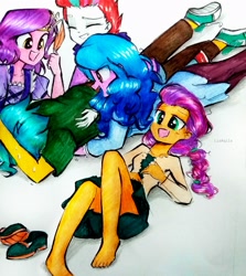 Size: 2601x2913 | Tagged: safe, artist:liaaqila, imported from derpibooru, hitch trailblazer, izzy moonbow, pipp petals, sunny starscout, zipp storm, equestria girls, barefoot, clothes, commission, converse, equestria girls-ified, exhausted, eyes closed, feet, female, fetish, foot fetish, g5, g5 to equestria girls, grin, high res, jeans, male, mane five (g5), open mouth, pants, shirt, shoes, siblings, simple background, sisters, skirt, smiling, sweat, t-shirt, tickle torture, tickling, traditional art, white background