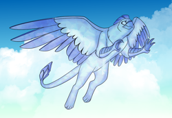 Size: 1000x688 | Tagged: safe, artist:foxenawolf, imported from derpibooru, oc, oc only, oc:techbird sunbeak, griffon, fanfic:cosmic lotus, crystal griffon, fanfic art, female, flying, griffon oc, solo, spread wings, wings