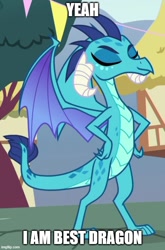 Size: 500x757 | Tagged: safe, edit, edited screencap, imported from derpibooru, screencap, princess ember, dragon, season 7, triple threat, best dragon, caption, cropped, dragoness, eyes closed, female, gloating, hand on hip, image macro, proud, smiling, solo, text