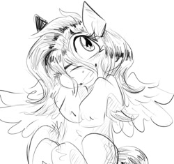 Size: 992x934 | Tagged: safe, artist:klhpyro, imported from derpibooru, fluttershy, pegasus, pony, monochrome, one eye closed, simple background, sketch, solo, white background, wink