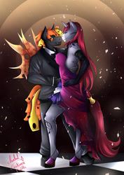 Size: 1961x2773 | Tagged: safe, artist:sakurafaith, imported from derpibooru, oc, oc only, oc:fire heart/passion blaze, oc:selune darkeye, anthro, changeling, unguligrade anthro, unicorn, beautiful, bobble, body markings, bowtie, clothes, commission, confident, cute, dress, duo, female, gloves, handsome, horn, interspecies, jewelry, looking at each other, loving gaze, male, mealy mouth (coat marking), necklace, oc x oc, orange changeling, redhead, sexy, shipping, signature, slow dancing, straight, suit, wings