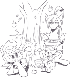 Size: 1604x1763 | Tagged: safe, artist:nauyaco, imported from derpibooru, apple bloom, applejack, oc, earth pony, pony, apple, apple bloom's bow, applebucking, applejack mid tree-buck facing the left with 3 apples falling down, applejack mid tree-buck with 3 apples falling down, applejack's hat, basket, bow, cowboy hat, falling, female, food, hair bow, hat, monochrome, tongue out, tree, trio, trio female