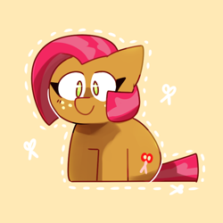 Size: 650x650 | Tagged: safe, artist:cookiiecats, imported from derpibooru, babs seed, earth pony, pony, adorababs, cute, cutie mark, female, filly, orange background, scissors, simple background, sitting, solo