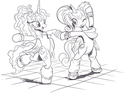 Size: 1165x865 | Tagged: safe, artist:nauyaco, imported from derpibooru, princess cadance, princess luna, alicorn, pony, 80s princess cadance, 80s princess luna, alternate hairstyle, armpits, bipedal, clothes, dancing, duo, leg warmers, monochrome