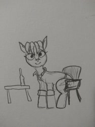 Size: 1560x2080 | Tagged: safe, artist:pony quarantine, imported from derpibooru, oc, oc only, earth pony, pony, bottle, chair, clothes, grayscale, looking at you, monochrome, pencil drawing, ponified, sergeant reckless, shirt, sitting, sketch, solo, table, traditional art, warpone