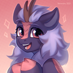 Size: 700x700 | Tagged: safe, artist:fenwaru, imported from derpibooru, oc, oc only, oc:night glow, kirin, abstract background, bust, cloven hooves, commission, cute, gradient background, gradient eyes, happy, kirin oc, looking at you, open mouth, open smile, portrait, purple mane, smiling, smiling at you, ych result