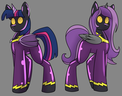 Size: 3700x2920 | Tagged: safe, artist:askhypnoswirl, imported from derpibooru, twilight sparkle, oc, alicorn, bat pony, bat pony alicorn, pony, alicorn oc, bat ponified, bat wings, clothes, costume, female, folded wings, goggles, gray background, high res, horn, implied hypnosis, mare, no mouth, race swap, rubber, rubber drone, rubber suit, shadowbolt drone, shadowbolts costume, simple background, standing, twibat, wings