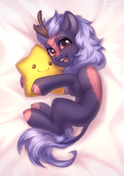 Size: 700x989 | Tagged: safe, artist:fenwaru, imported from derpibooru, oc, oc:night glow, kirin, bed, bed sheets, commission, curled up, cute, gradient eyes, happy, horn, hugging a pillow, kirin oc, laying on bed, lying down, lying on bed, on bed, pillow hug, plushie, smiling, solo, star plushie, stars, tail, ych result