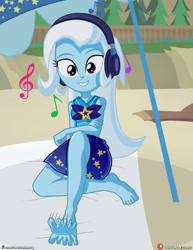 Size: 3090x4000 | Tagged: safe, artist:dieart77, imported from derpibooru, trixie, equestria girls, barefoot, beach, clothes, commission, feet, female, foot tapping, headphones, high res, music notes, ocean, sarong, solo, swimsuit, tapping