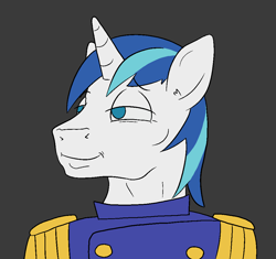 Size: 1000x938 | Tagged: safe, artist:happy harvey, imported from derpibooru, shining armor, pony, clothes, colored pupils, drawn on phone, ear fluff, gray background, grin, looking sideways, meme, phone drawing, ponified, ponified meme, simple background, smiling, smug, uniform