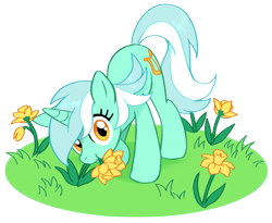 Size: 1137x932 | Tagged: safe, artist:marbo, lyra heartstrings, pony, unicorn, /mlp/, background pony, drawthread, eating flower, female, flower, grass, horn, horses doing horse things, looking at you, mare, requested art, simple background, solo, transparent background