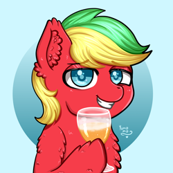 Size: 3000x3000 | Tagged: safe, artist:yumomochan, imported from derpibooru, oc, fluffy pony, alcohol, beer, blue eyes, bust, commission, fluffy, male, portrait, smiling, stallion, teeth, teeth grinding, two colour hair