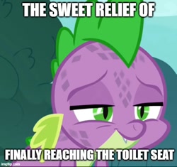 Size: 532x500 | Tagged: safe, edit, edited screencap, imported from derpibooru, screencap, spike, dragon, molt down, caption, close-up, cropped, implied pooping, lidded eyes, relieved, smiling, solo, stone scales, text