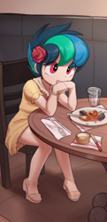 Size: 492x1016 | Tagged: safe, artist:pestil, imported from ponybooru, oc, oc only, oc:apogee, human, chair, child, clothes, cropped, cute, diageetes, dress, explicit source, feet, female, food, human female, humanized, humanized oc, ocbetes, sandals, sitting, solo, table