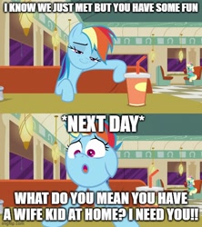Size: 500x562 | Tagged: safe, edit, edited screencap, imported from derpibooru, screencap, honey curls, mare e. lynn, rainbow dash, earth pony, pegasus, pony, season 6, the saddle row review, caption, female, implied sex, infidelity, mare, open mouth, rainbow dash is best facemaker, smug, solo focus, text