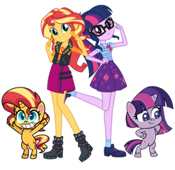 Size: 1641x1594 | Tagged: artist needed, safe, anonymous artist, artist:laszlvfx, artist:orin331, imported from derpibooru, sci-twi, sunset shimmer, twilight sparkle, human, pony, unicorn, equestria girls, equestria girls series, my little pony: pony life, pinkie pie: hyper-helper, spoiler:pony life s01e06, bean mouth, bipedal, clothes, female, g4.5, glasses, grin, hooves in air, legs, pony life, simple background, skirt, smiling, transparent background, unicorn twilight