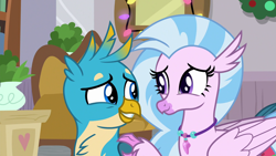 Size: 1920x1080 | Tagged: safe, imported from derpibooru, screencap, gallus, silverstream, classical hippogriff, griffon, hippogriff, the hearth's warming club, cute, daaaaaaaaaaaw, diastreamies, female, gallabetes, heartwarming, looking at each other, male, raised claw, shipping fuel, smiling, sweet dreams fuel, touching