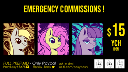 Size: 1920x1080 | Tagged: safe, artist:poxy_boxy, imported from derpibooru, derpy hooves, fluttershy, maud pie, advertisement, commission, commission info, ych example, your character here