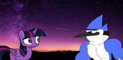 Size: 1854x914 | Tagged: safe, artist:kevinight, imported from derpibooru, twilight sparkle, alicorn, bird, blue jay, pony, airplanes (song), blushing, crossover, crossover shipping, cutie mark, female, heart eyes, looking at each other, male, mordecai, mordetwi, muscles, muscular male, night, regular show, shipping, shooting star, stars, straight, twilight sparkle (alicorn), wingding eyes