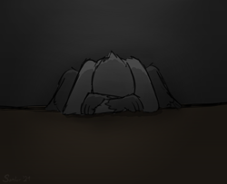 Size: 2464x2000 | Tagged: safe, artist:somber, imported from derpibooru, oc, oc only, oc:sombird, griffon, dark, depression, edgy, gradient background, gray background, griffon oc, head down, high res, male, sad, simple background, solo, somber, table, vent art