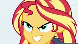 Size: 1280x720 | Tagged: safe, edit, edited screencap, imported from derpibooru, screencap, sunset shimmer, equestria girls, equestria girls series, holidays unwrapped, spoiler:eqg series (season 2), >:d, evil grin, female, grin, saving pinkie's pie, smiling, solo