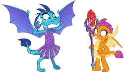 Size: 1024x597 | Tagged: safe, edit, imported from derpibooru, vector edit, princess ember, smolder, dragon, bloodstone scepter, body swap, cheerleader, cheerleader outfit, clothes, dragoness, duo, duo female, fanfic, fanfic art, female, simple background, vector, white background, wings