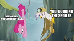 Size: 888x499 | Tagged: safe, edit, edited screencap, imported from derpibooru, screencap, gilda, pinkie pie, earth pony, griffon, season 5, the lost treasure of griffonstone, caption, claws, diving, duo, female, headlamp, helmet, image macro, mare, mining helmet, text