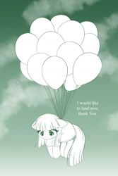 Size: 1600x2400 | Tagged: safe, artist:symbianl, imported from derpibooru, maud pie, pinkie pie, earth pony, pony, adorable distress, balloon, cute, dialogue, ear fluff, female, floating, floppy ears, hoof fluff, lineart, looking down, mare, maudabetes, monochrome, solo, then watch her balloons lift her up to the sky