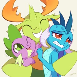 Size: 3000x3000 | Tagged: safe, artist:drtuo4, imported from derpibooru, princess ember, spike, thorax, changedling, changeling, dragon, season 7, triple threat, cute, dragoness, emberbetes, eyes closed, female, group hug, hape, high res, hug, king thorax, open mouth, personal space invasion, scene interpretation, simple background, smiling, spikabetes, thorabetes, tsundember, tsundere, white background