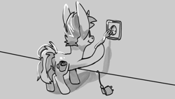 Size: 3840x2160 | Tagged: safe, artist:aliceg, imported from derpibooru, oc, oc only, oc:covfefe cream, earth pony, pony, :t, butt, chibi, electrical outlet, fork, high res, hoof hold, male, outlet, plot, smiling, stallion, this will end in death, this will end in electrocution, too dumb to live