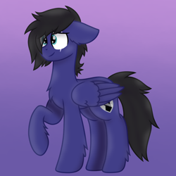 Size: 1280x1280 | Tagged: safe, artist:froyo15sugarblast, imported from derpibooru, oc, oc only, oc:blu, pegasus, pony, eye clipping through hair, fluffy, gradient background, hair over one eye, male, raised hoof, scar, smiling, solo