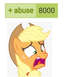 Size: 1160x1380 | Tagged: safe, imported from derpibooru, applejack, derpibooru, abuse, meta, scared, tags