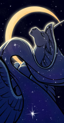 Size: 785x1500 | Tagged: safe, artist:rait-stormdragoness, imported from derpibooru, princess luna, alicorn, pony, crescent moon, ethereal mane, eyes closed, female, galaxy mane, mare, moon, night, sky, solo, spread wings, stars, wings
