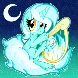 Size: 3000x3000 | Tagged: safe, artist:amycakes05, imported from derpibooru, lyra heartstrings, pony, unicorn, chibi, crescent moon, cute, female, high res, lyrabetes, lyre, mare, moon, musical instrument, smiling, solo