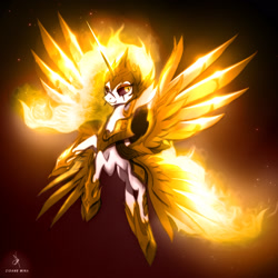 Size: 1920x1920 | Tagged: safe, artist:zidanemina, imported from derpibooru, daybreaker, alicorn, pony, armor, female, mane of fire, mare, scar, solo